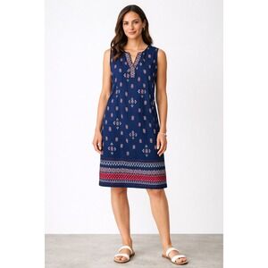Talbots Blue Cotton Geometric Print Sleeveless Shift Dress Large Coastal Grandma